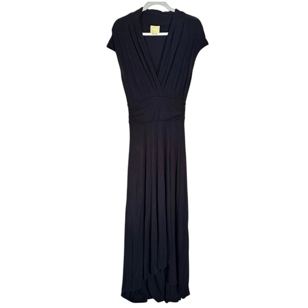 Maeve Anthropologie Black V-Neck Ruched Waist High-Low Maxi Dress Small